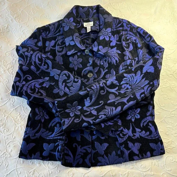 Vintage 90s Gail Morgado Womens Blue Black Floral Damask Brocade Blazer size L - Picture 5 of 9